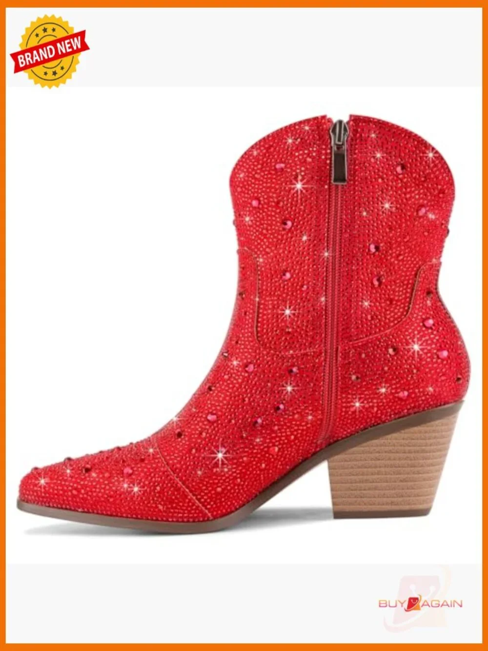 Cowgirl Ankle Boots Western Booties Rhinestone Chunky Heel Fashion Side Zipper - Picture 4 of 7